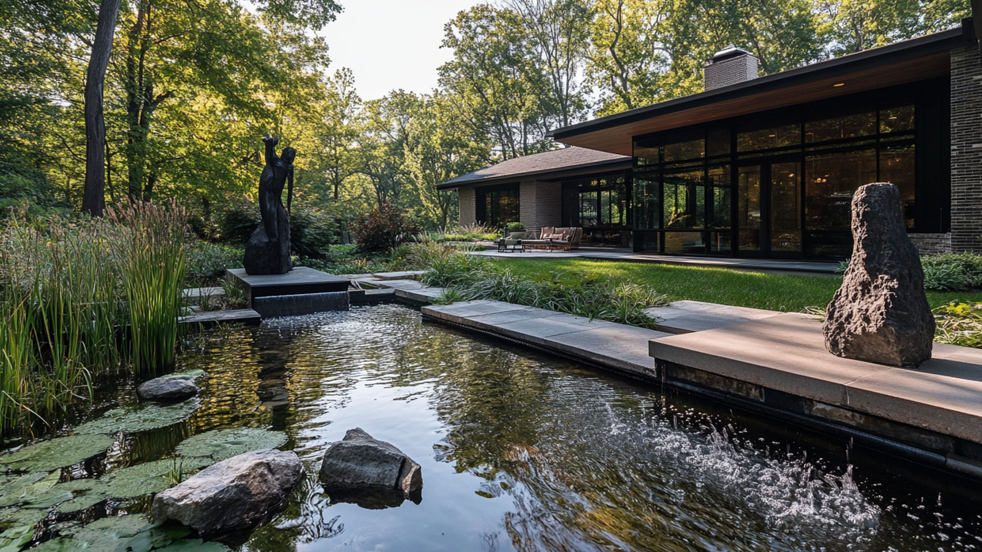 A serene backyard oasis with a contemporary water feature and artistic sculptures, complemented by a cozy home nestled in the background