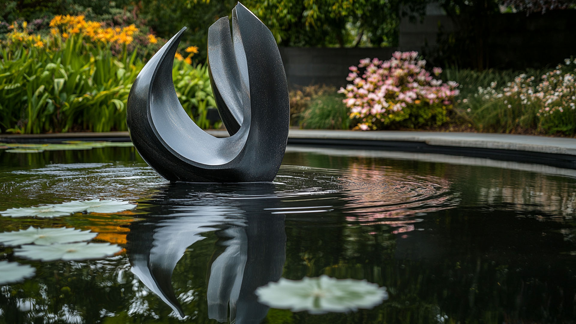 A striking contemporary sculpture reflecting in a serene pond, with blooming lilies and gentle ripples on the water's surface