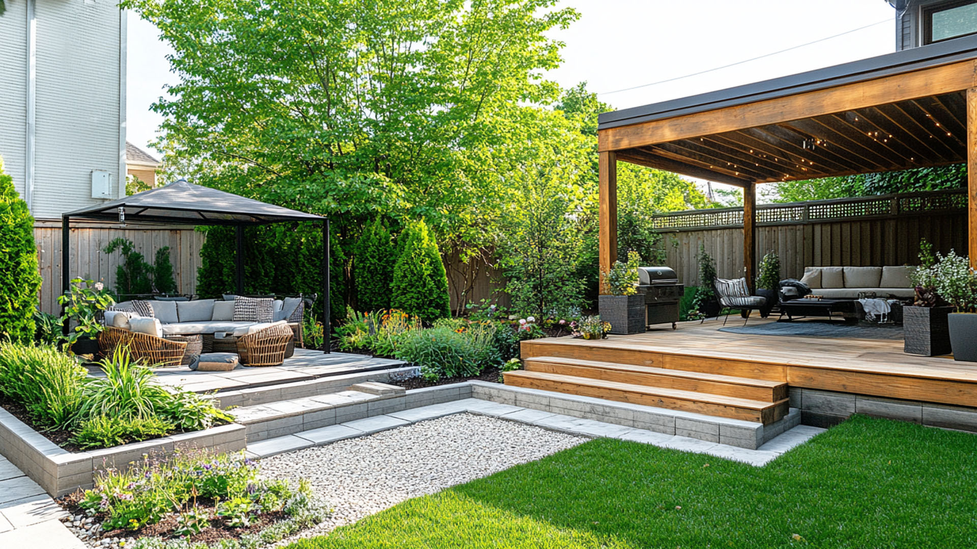 A vibrant outdoor space designed using an online service, showcasing a modern patio, well-maintained garden, and expansive lawn under warm natural lighting