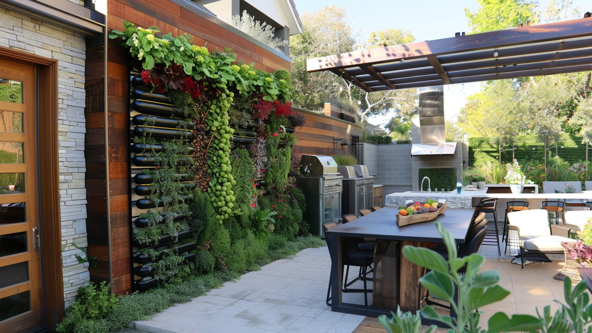 A creative vertical garden with climbing plants such as peas and cucumbers growing on trellises, demonstrating an innovative solution for limited space in urban gardening