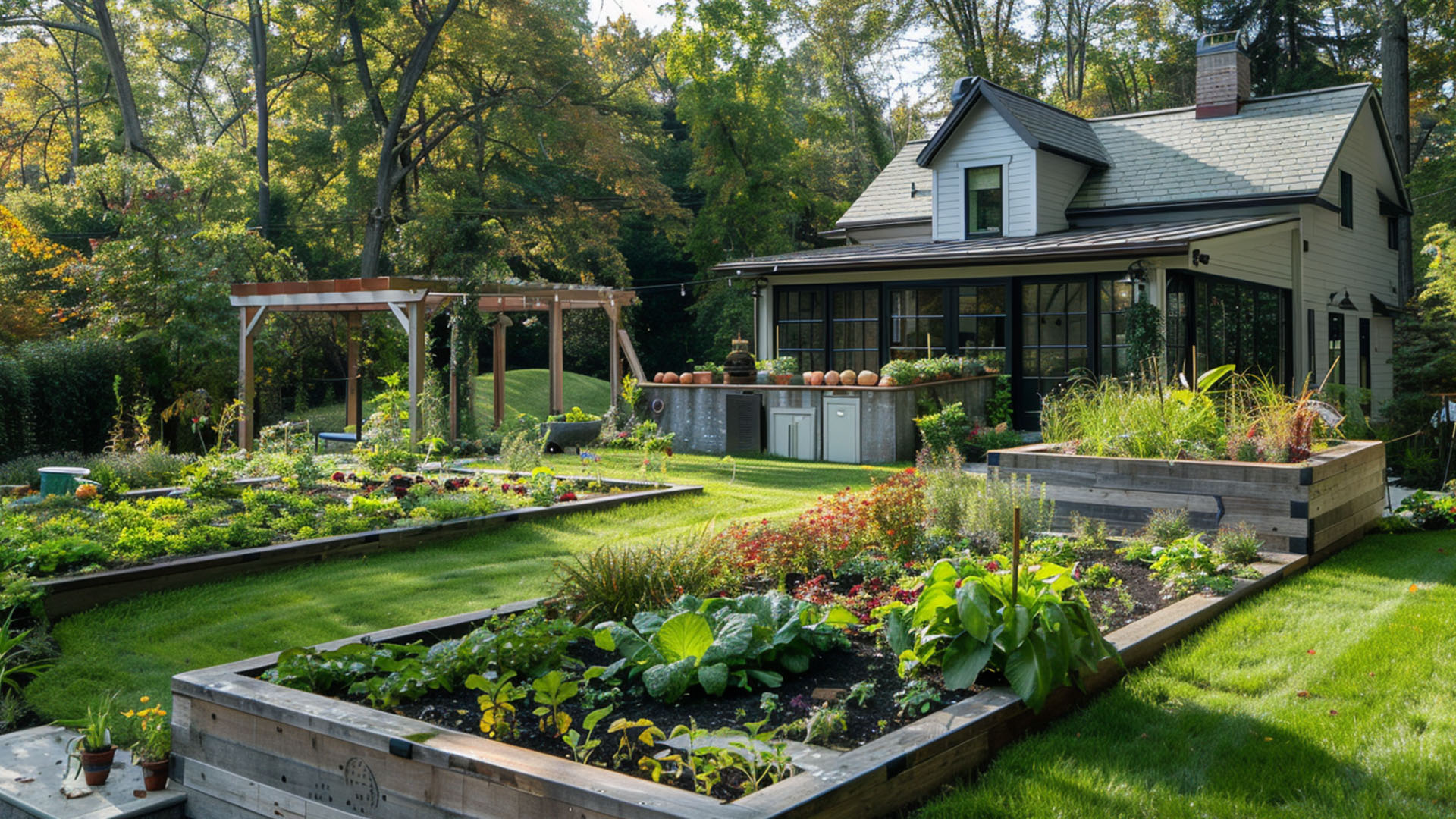 A colorful garden scene featuring a mix of ornamental flowers and edible plants, like marigolds paired with leafy greens and peppers, showcasing the harmony between aesthetics and functionality