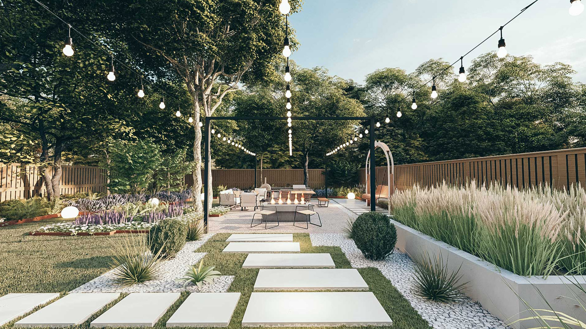 A stunning backyard rendering featuring lush greenery, a cozy seating area, and warm string lights hanging overhead, creating a magical evening ambiance.