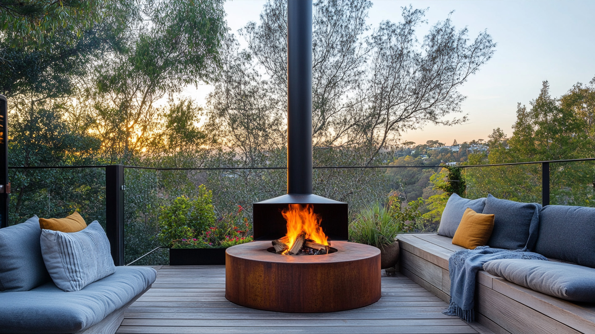 corten steel fireplace with cozy seating on wood deck