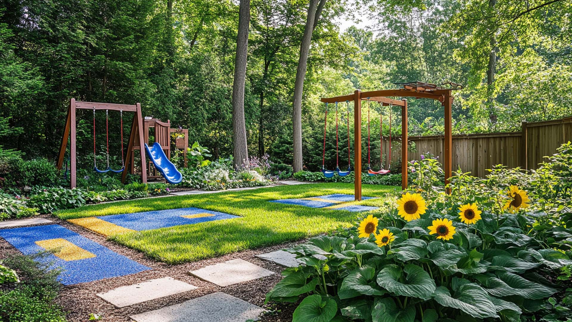 A vibrant kid-friendly garden featuring colorful flower beds, a sandbox, and a climbing structure, surrounded by soft grass and rubber mulch for safe play