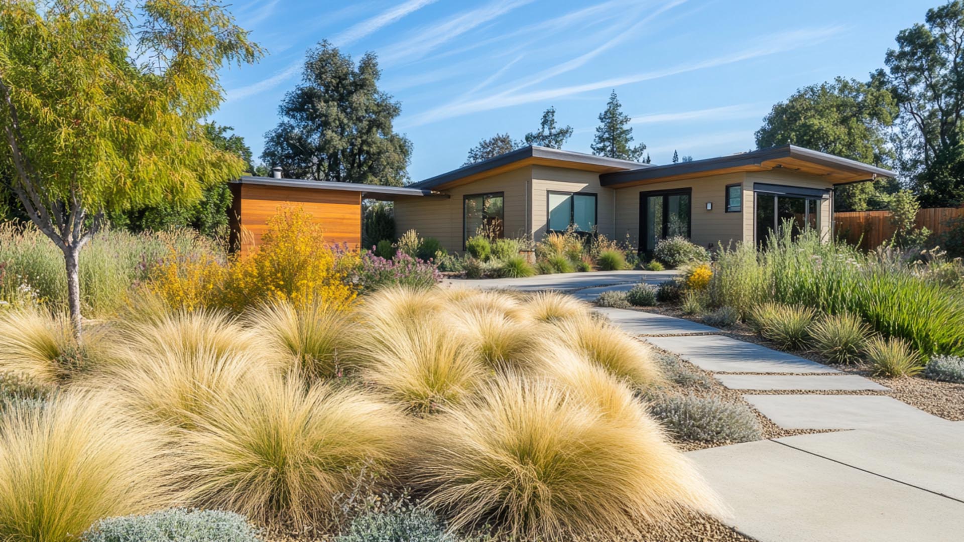 A vibrant backyard featuring a lush lawn of native grasses, showcasing a mix of buffalo grass and wildflowers in bloom.