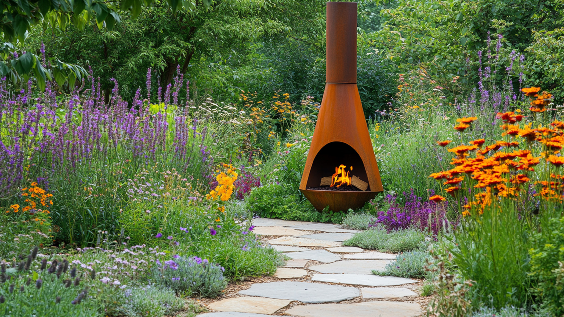 round corten steel fireplace in natural backyard